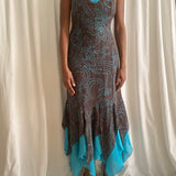 Vintage brown and turquoise silky summer dress