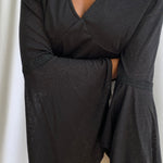 black flounce sleeves blouse with vneck